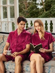 EverLounge Women's Pajama Set With Short Sleeve Top And Shorts, Couples Sleepwear - Burgundy - View 3