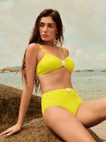 Anewsta Damen Sommer Strandurlaub einfaches einfarbiges Shell Dekor Bikini Set