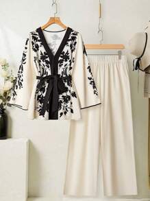 Modelyn Plus Size Long Sleeve Tie Front Shirt And Solid Color Pants 2 Pieces Set