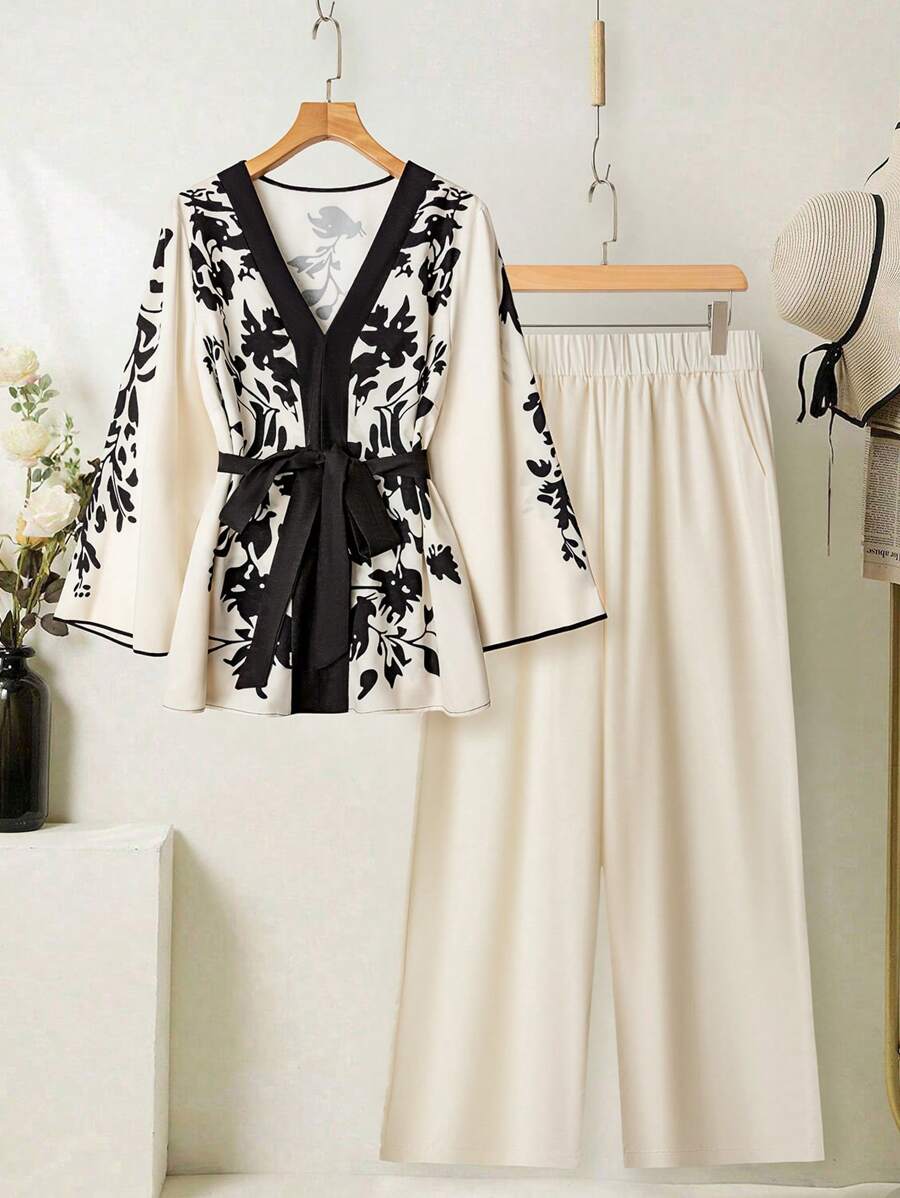 Modelyn Plus Size Long Sleeve Tie Front Shirt And Solid Color Pants 2 Pieces Set