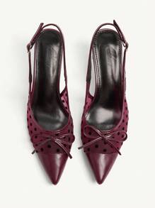 CUCCOO CHICEST Vintage Polka Dot Mesh Bowknot Toe Patchwork Pointed Toe Low Heel Mid Heel Cute Romantic Retro Elegant Wine Red Mesh PU Leather Women Pumps, Suitable For Date, Afternoon Tea, Commute, Romantic Garden - Burgundy - View 12