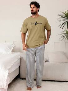 DAZY Summer Cat & Letter Print Colorful T-Shirt With Men's Pajama Set - Multicolor - View 3