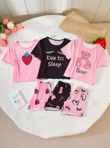 SHEIN 6 件女童卡通熊、草莓和爱睡觉图案睡衣套装，包含柔软 T 恤和弹力短裤，穿着舒适，易于护理，3 件套单独出售 - 彩色 - 查看 5
