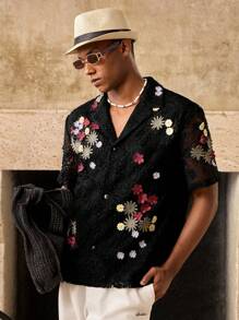 Manfinity BRENVOR 休闲男士海滩度假浪漫刺绣翻领短袖衬衫 - 黑色 - 查看 1