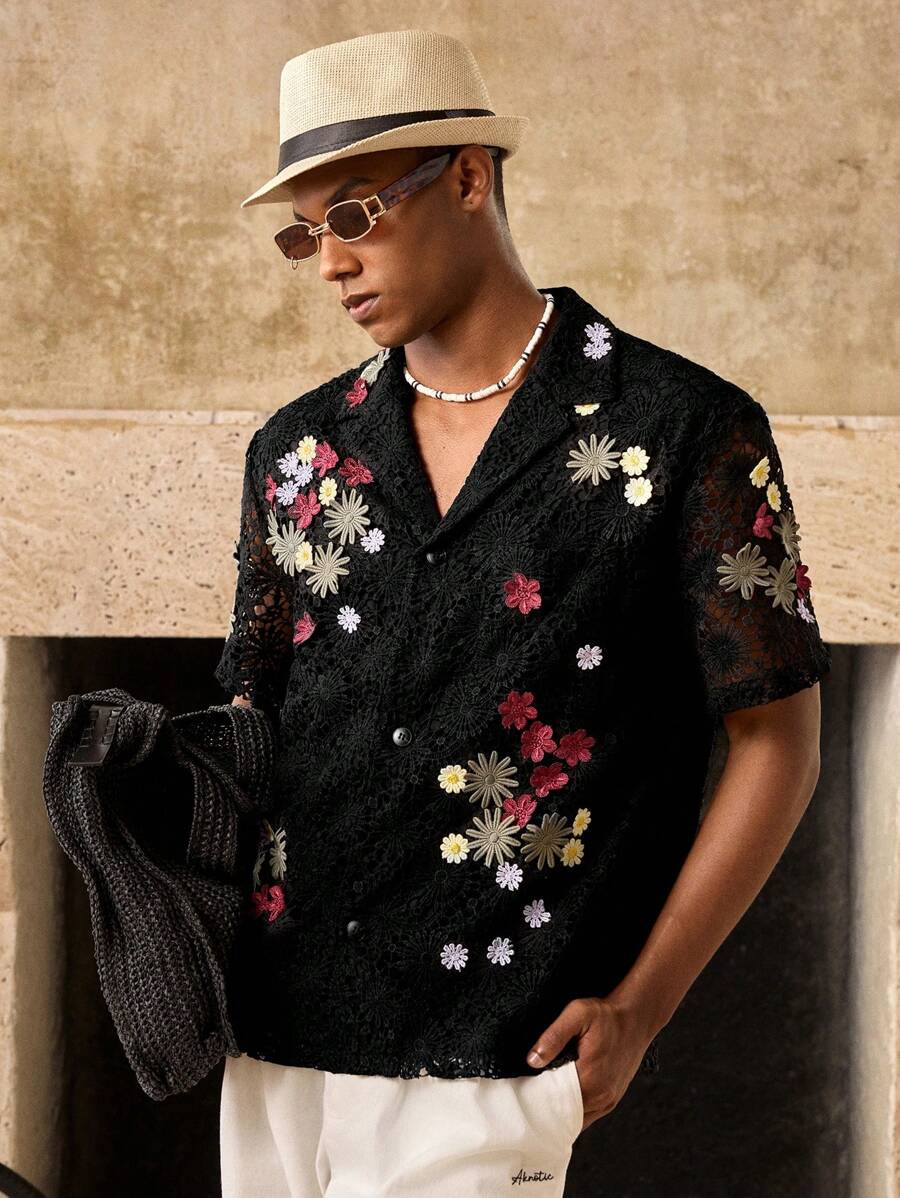 Manfinity BRENVOR 休闲男士海滩度假浪漫刺绣翻领短袖衬衫 - 黑色 - 查看 1