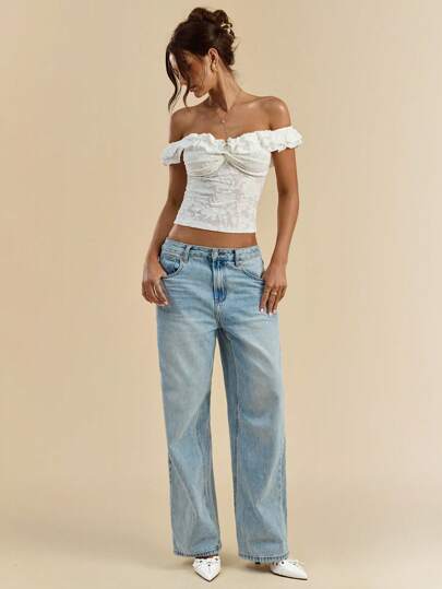 SHEIN BAE Spring And Summer Solid White Texture Floral Three-Dimensional Knitted Off-Shoulder Lotus Leaf Collar Tight-Fitting Elegant Ladies Tops,Summer Tops, Top,Vacation,White Top,Crop Tops,Cute Tops,Valentine's Day