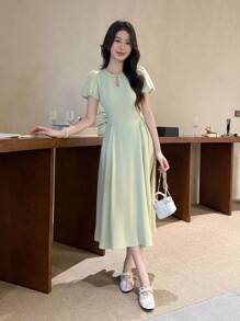 Celisse Đầm midi thanh lịch kiểu chữ A trơn màu cho nữ, thích hợp mặc hàng ngày, đi làm và đi chơi, phong cách Trung Hoa mới - màu xanh lá - Xem 6
