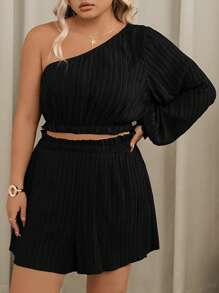 SHEIN VCAY Plus Size Solid Color Casual Vacation One-Shoulder Top And Shorts 2pcs Set - Black - View 1