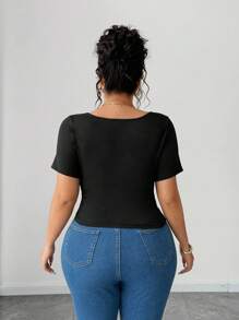 Elenzga Plus Size Women Short Sleeve Asymmetrical Collar Design T-Shirt, Fashionable High-End Versatile Casual Slim-Fit Top Suitable For Spring/Summer - Black - View 2