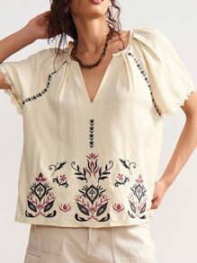 Bohemela Blusa informal de manga corta, holgada, de tejido liso con bordado para mujeres - Albaricoque - Ver 5