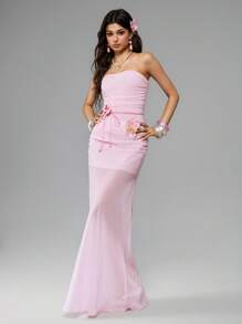 ROMWE Avant Y2K-Style Low Waist Mermaid Skirt With Glitter Flower Decor, Chiffon, Suitable For Island Resort - Pink - View 2