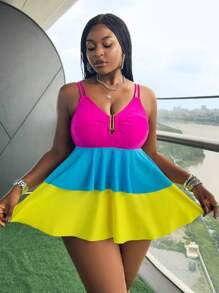 Slaydiva Women Plus Size 2 Pieces Bikini Set, Solid Color Patchwork Swimdress, Summer Holiday - Multicolor - View 4
