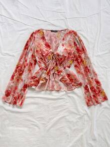 Soleia Women's Rose Print V-Neck Flare Sleeve Ruffle Hem Blouse, Suitable For Vacation, Music Festival, Bohemian, Holiday, Date, Afternoon Tea, Beach - Multicolor - View 4