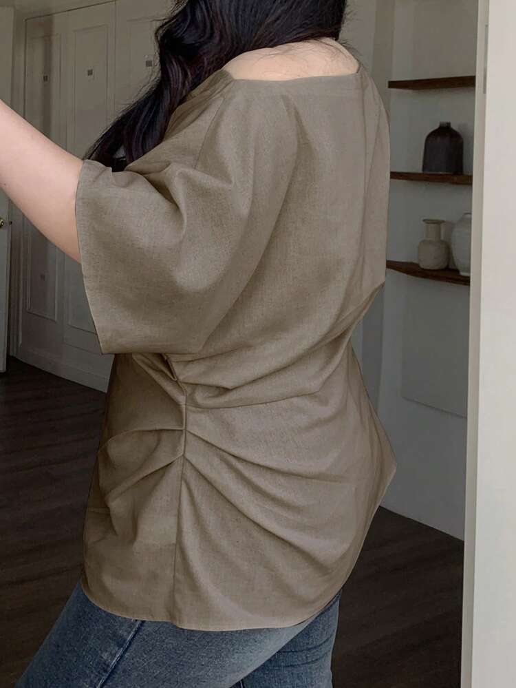Plus Size Women Summer Casual Solid Color Asymmetrical Neck Batwing Sleeve Split Hem Fitted Blouse