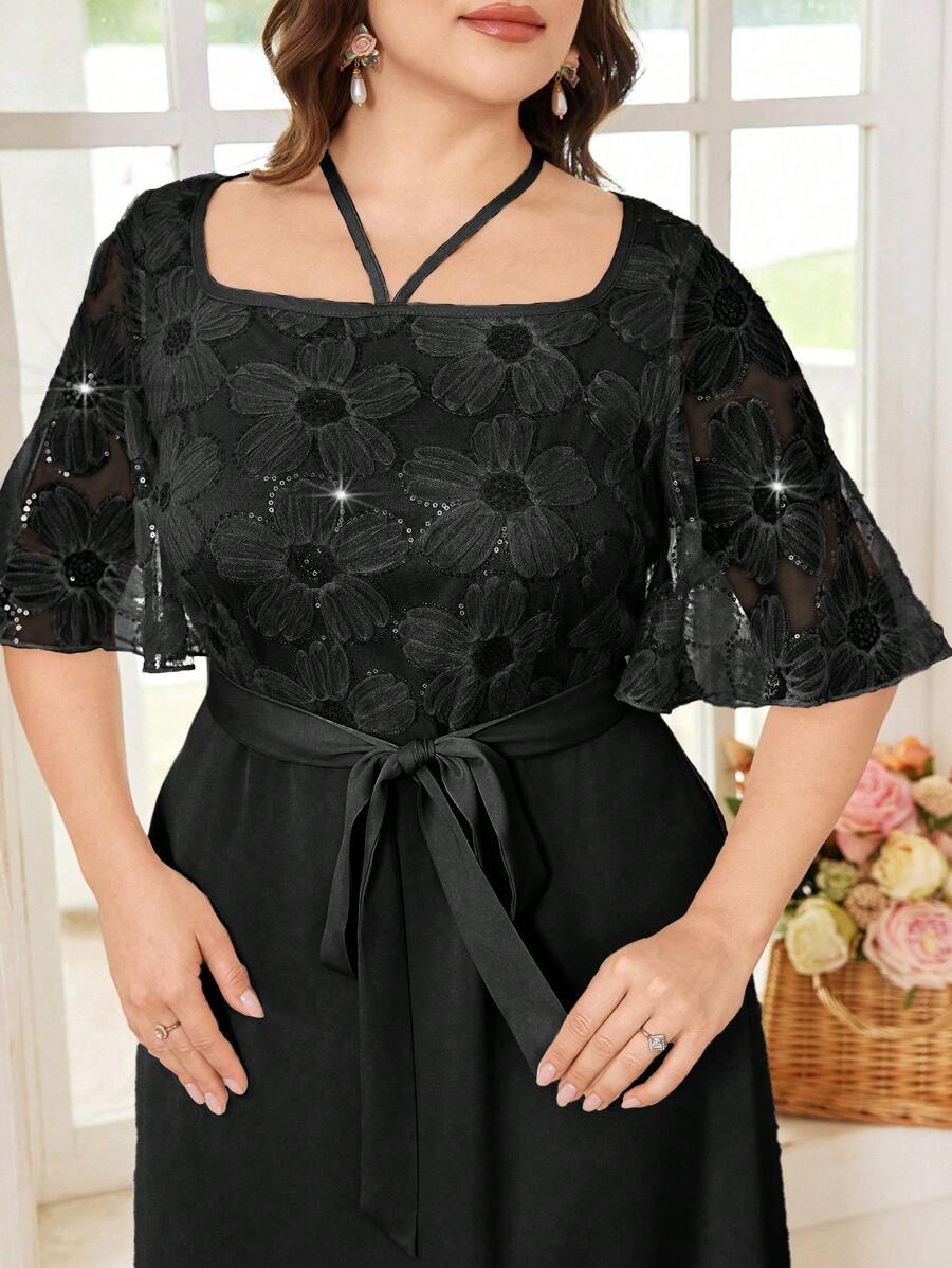 Modelyn Plus Size Mesh Embroidered Square Neck Short Sleeve Casual Summer Dress - Black - View 1