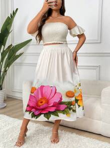 Flirla 2pcs Plus Size Vacation Floral Print Solid Color Tube Top And Skirt Set - Apricot - View 4