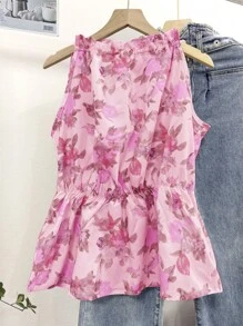 INAWLY 女士花卉印花荷叶边下摆无袖衬衫，适合度假穿着