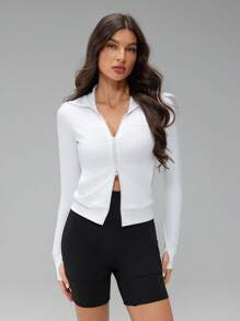 SHEIN Tall Women Solid Color Zip-Up Hooded Slim Fit Breathable Casual Long Sleeve Outdoor Sunscreen Hooded Jacket Sun Uv Protection Jacket,For Daily Wear - White - View 5