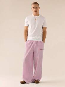 SWAVVY 男士梭织休闲日常青年宽松条纹拼接腰带直筒裤，学校，秋季 - 粉色 - 查看 3