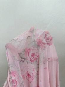 Rafferiza Petite 女式复古花卉印花蕾丝拼布露肩修身连衣裙 - 粉色 - 查看 7