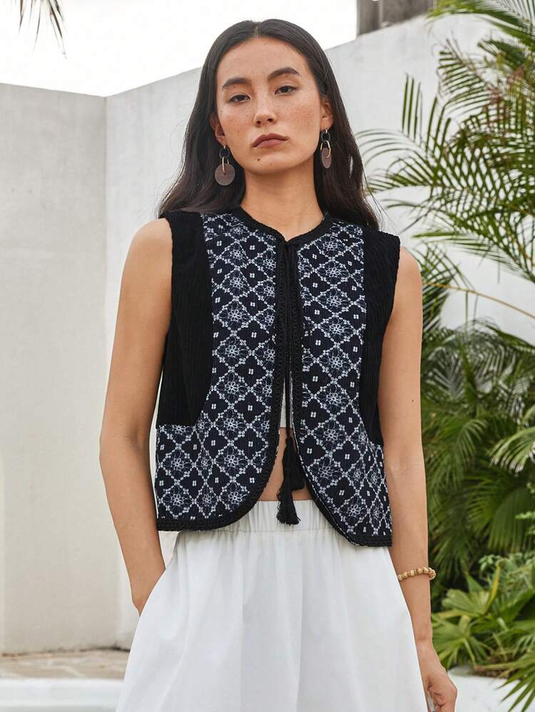 Women's Summer Loose Casual Resort Bohemia Style Ditsy Floral Embroidery Geometric Pattern Print Color Block Patchwork Vest Style Open Cardigan Blouse