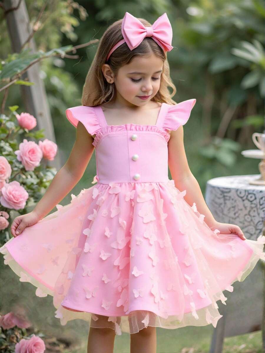 SHEIN Young Girl Fusion Casual Minimalist Comfortable Square Neck Ruffle Cap Sleeve Back Butterfly Decor Dress