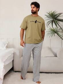 DAZY Summer Cat & Letter Print Colorful T-Shirt With Men's Pajama Set - Multicolor - View 4