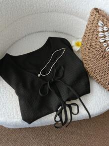 SHEIN LUNE Light Yellow Front Knot Crop Top T-Shirt For Women, Sexy Cute Casual Fashion