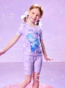 Pop Mart Azura X SHEIN 年轻女孩卡通扎染印花可爱梦幻高弹罗纹紧身睡衣 - 淡紫色 - 查看 4