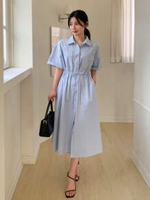 DAZY 女式领结腰短袖衬衫裙，中长款，返校服 - 藍色 - 查看 7