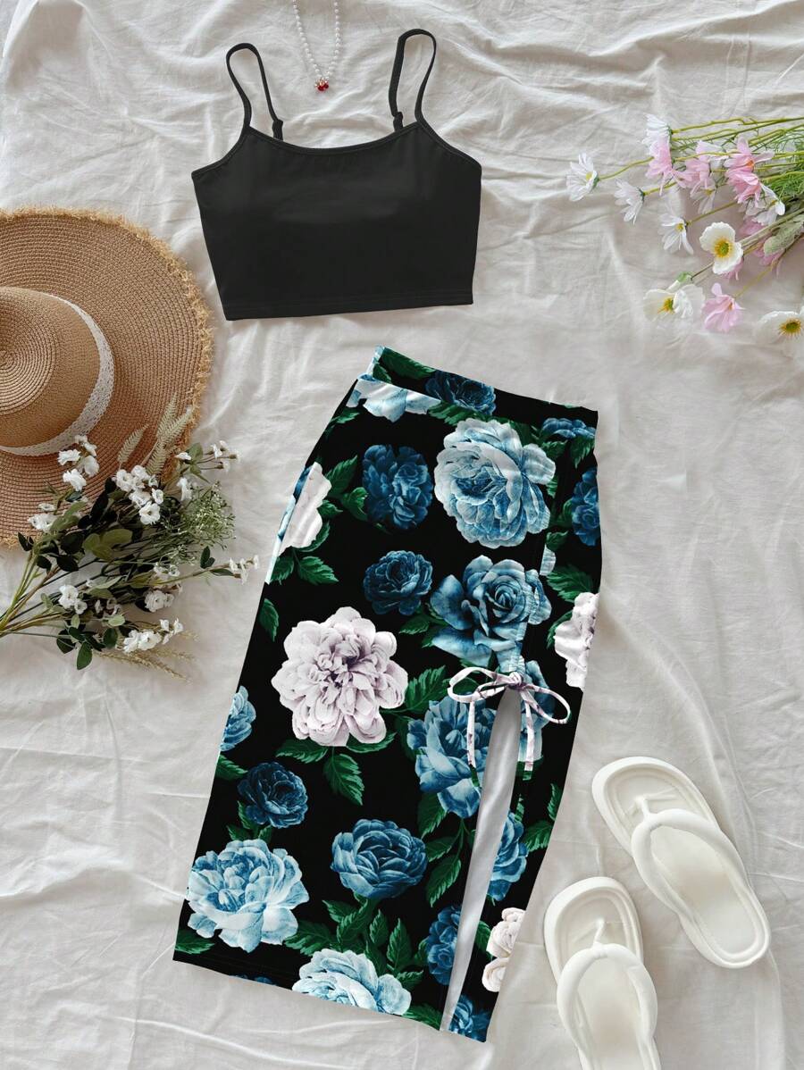 Soleia 2pcs Romantic Blue Allover Print Women's Vintage Style Casual Vacation Set, Sexy, Cute, Y2K Coconutgirl Boho Music Festival Style, Suitable For Summer Suitable For Going Out - Multicolor - View 1