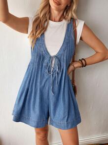 EMERY ROSE Women's Summer Front Tie Pleated Denim Romper - Blue - View 7