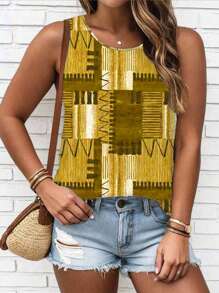 SHEIN LUNE Plus Size Summer Patchwork Print Casual Crew Neck Tank Top T-Shirt - Multicolor - View 5