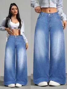 SHEIN Tall 女士牛仔裤低腰直筒裤蓝色低腰宽松牛仔裤 - 藍色 - 查看 1