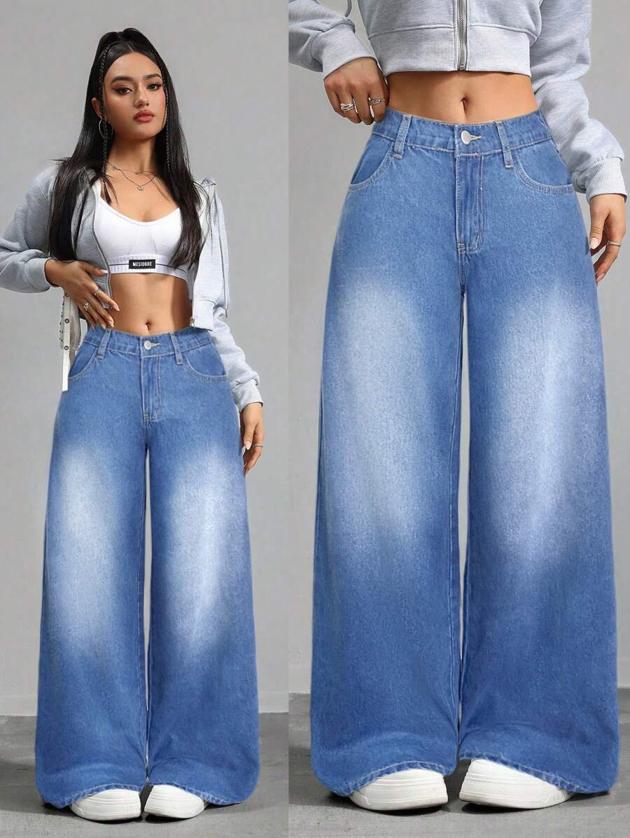 SHEIN Tall 女士牛仔裤低腰直筒裤蓝色低腰宽松牛仔裤 - 藍色 - 查看 1