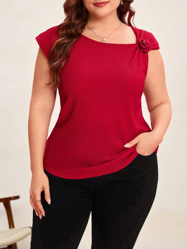 SHEIN Clasi Plus Size Solid Color 3D Floral Embellished Simple Casual Top, Everyday Wear Valentines Outfit