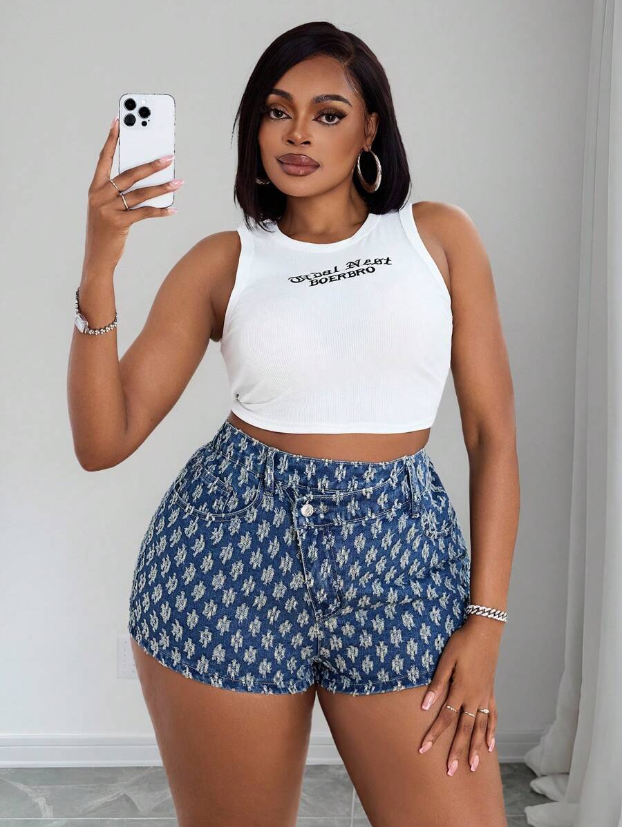 Slaydiva Quần short denim móc cỡ lớn cho nữ, thiết kế cạp chun bất đối xứng, không co giãn, ôm vừa vặn, phong cách Cowboy, quần short denim lễ hội mùa hè - Rửa trung bình - Xem 1