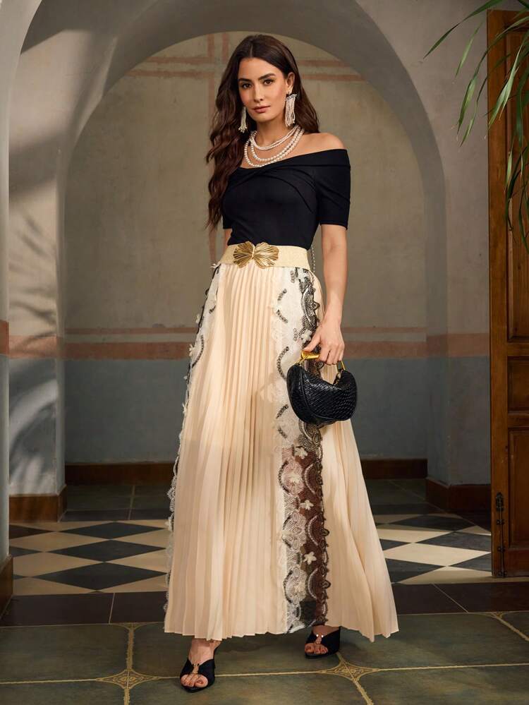 ZEYLAH Solid Color Midi Lace Panel Pleated Long Skirt