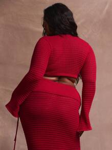 MUSERA Crochet Tie Front Long Flared Sleeve Crop Top Summer Vacation Holiday Swim Beach Sexy Romantic Elegant