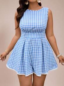 SHEIN VCAY 大码女式格子无袖圆领褶皱休闲连体裤 女式优雅夏季服装 女式春季复活节服装 女式节日服装 狂欢服装 女式优雅度假服装 女式休闲波西米亚风毕业早午餐服装 女式婚礼宾客礼服 女式波西米亚音乐会服装 女式乡村音乐会服装 海滩度假服装