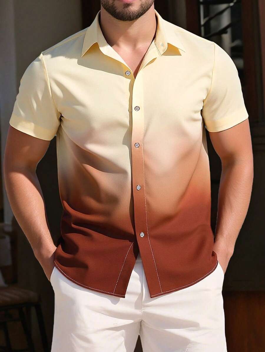 Manfinity Homme Men's Gradient Color Print Single-Breasted Casual Short Sleeve Shirt, Summer - Yellow - View 1