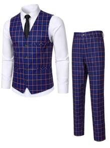 Calvornis 男士休闲格子马甲套装 - 藏蓝色 - 查看 3