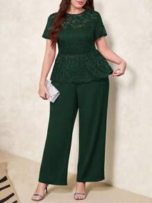 SHEIN Clasi Bộ 2 món cỡ lớn cho nữ: Áo ren tay ngắn & Quần ống rộng, Trang phục Valentine thanh lịch - Màu xanh lá cây đậm - Xem 6