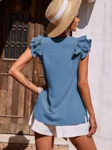 EMERY ROSE Women V-Neck Solid Color Cap Sleeve Casual Blouse - Blue - View 2