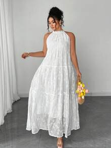 Elenzga 女士加大码白色无袖露肩浪漫优雅连衣裙 - 白色 - 查看 4