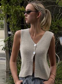 DAZY Women Casual Solid Color Double Button Sleeveless Knitted Sweater Y2k Crop Top - Khaki - View 1