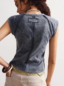 Bohemela Solid Color Knit Crew Neck Form-Fitting Washed Women T-Shirt - Grey - View 2