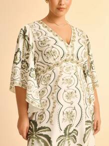 CAJUNI 波西米亚风热带花卉、龟背竹叶、椰子树、菠萝印花深 V 领荷叶边袖长裙、休闲度假大码连衣裙 - 彩色 - 查看 8