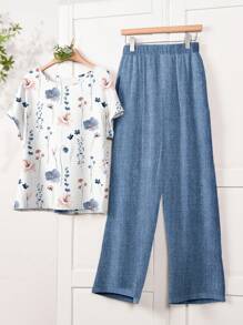 EMERY ROSE 2件套大码女式花卉印花圆领T恤和纯色裤子套装 - 彩色 - 查看 3