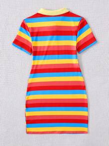 SHEIN Tween Girls Casual Polo Collar Knit Fitted Mini Dress, Spring/Summer - Orange - View 2